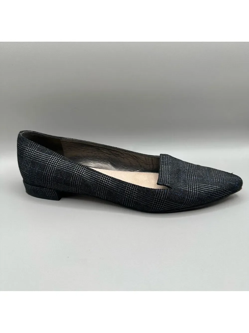Stuart Weitzman Women Size 7.5 Rialto Plaid Shimmer Flats Gray Black Metallic